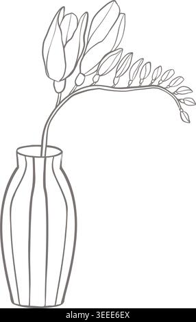 Illustrazione della linea vettoriale di tulipani e rami freesia in un vaso. Disegno floreale minimale per inviti, imballaggi, etichette, branding Illustrazione Vettoriale