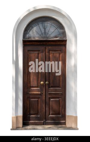 Elegante elemento architettonico antico a doppia porta con pannelli decorativi e finestre ad arco isolate sul bianco con percorso di ritaglio incluso Foto Stock
