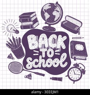 Torna a scuola. Doodle icone disegnate a mano su carta per notebook. Educazione dei bambini. Elementi di schizzo a penna. Schema universitario. I bambini studiano. La scienza impara. Libri Illustrazione Vettoriale