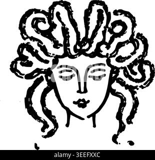 Disegno a mano Medusa Head Vector Line Art Illustrazione Vettoriale