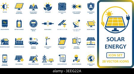 Collezione completa di icone vettoriali piatte gialle e blu scuro per il settore dell'energia solare. Include simboli per l'installazione residenziale, commer Illustrazione Vettoriale