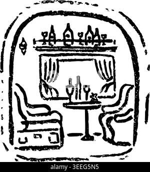 Illustrazione vettoriale del tavolo della macchina da pranzo disegnato a mano Illustrazione Vettoriale