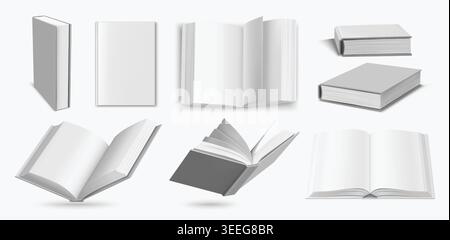 I libri con copertina rigida si aprono e chiudono in viste vettoriali 3D realistiche, i modelli stampati bianchi con pagine, gli angoli frontali superiori e prospettici per la pubblicazione e la progettazione di stampe. Illustrazione Vettoriale