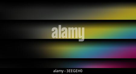 Una serie di barre orizzontali con una sfumatura di colore uniforme che passa da giallo scuro a giallo, blu e magenta vibrante, creando un moderno effetto a strati. Foto Stock