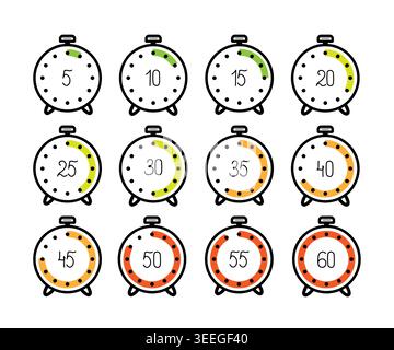 Cronometro o timer per conto alla rovescia, serie di icone. Illustrazione vettoriale. Timer con quadrante per la misurazione dello sport, il set è isolato su uno sfondo bianco Illustrazione Vettoriale
