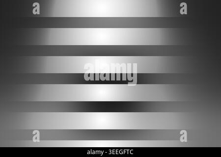 Uno sfondo astratto dinamico costituito da strisce argentate orizzontali illuminate da un effetto spot verticale centrale, che crea profondità e dimensioni Foto Stock