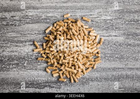 Piccoli pellet di legno dorato sparsi su una superficie di cemento testurizzato, che rappresentano il combustibile a biomassa, il riscaldamento rinnovabile, il combustibile per stufe e l'energia sostenibile per il riscaldamento domestico, il giardinaggio e l'uso di lettiere per animali. Foto Stock