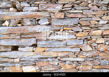 Vista ravvicinata di un muro di pietra a secco composto da pietre piatte irregolari impilate orizzontalmente, che mostra texture naturali, colori a strati e maso tradizionale Foto Stock