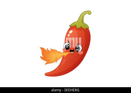 Simpatico personaggio di peperoncino kawaii con fiato di fuoco in divertente stile cartoni animati con cibo piccante. Illustrazione Vettoriale