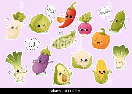 Simpatici adesivi di verdure kawaii con divertenti personaggi del cibo sano, tra cui pepe mais broccoli avocado cavolo e zucca. Illustrazione Vettoriale