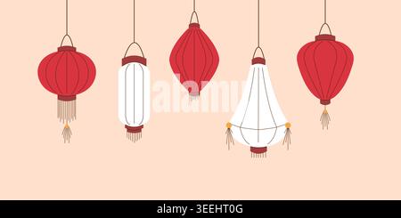 Tradizionale lanterna di carta cinese in stile piatto. Decorazione di strada orientale. Illustrazione festival asiatico per biglietto d'auguri. Illustrazione Vettoriale