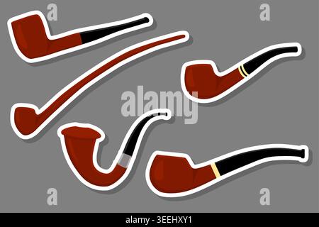 Illustrazione sul tema grande set di colori diversi tipi di tubi di fumo dimensioni diverse per il tabacco, schema di pipa costituito da un accessorio di raccolta del fumo Illustrazione Vettoriale
