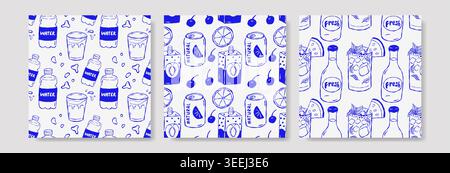 Bottiglie, vasi e frutta blu con motivi bianchi. Le illustrazioni in stile vintage sono casual e divertenti. Perfetto per cibo, bevande o cucina a tema des Illustrazione Vettoriale