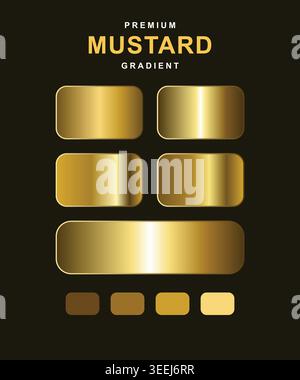 Campioni di senape e oro sfumati per un design digitale. Include cinque grandi bottoni rettangolari e quattro piccoli campioni di colore quadrati. Backgro marrone scuro Illustrazione Vettoriale