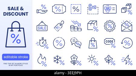 Set di icone della linea di sconti e vendite. Coupon, codice promozionale, buono regalo, shopping bag, offerta flash illustrazioni vettoriali minime. Semplici indicazioni per il settore retail Illustrazione Vettoriale