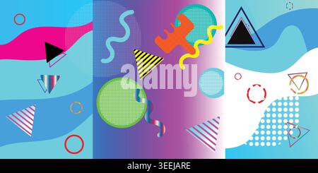 Vivace design astratto di memphis con forme geometriche e motivi colorati Illustrazione Vettoriale