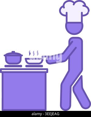 Icona Cook colorata. Icona vettoriale. Chef di Hat che cucina le pietanze sul piano cottura. Pentola con coperchio, padella per friggere con cibo cotto. Concetto di ristorante Illustrazione Vettoriale