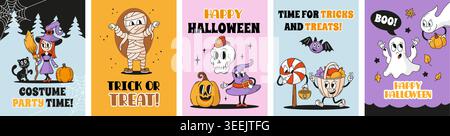 Poster di Halloween. Banner grafici con divertenti personaggi del festival autunnale, ragnatele, fantasmi. Strega cartoni animati in stile retrò, zucca, mummia Illustrazione Vettoriale