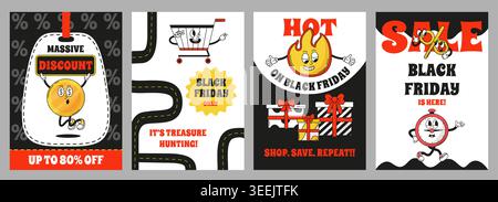 Striscioni neri friday. Volantini con monete divertenti, fuoco, orologio. Vendita di etichette stagionali, etichette pubblicitarie con confezione regalo. Tempo di shopping, vettore neoterico Illustrazione Vettoriale