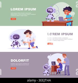 Creazione di robot. striscioni orizzontali con robot intelligenti Illustrazione Vettoriale