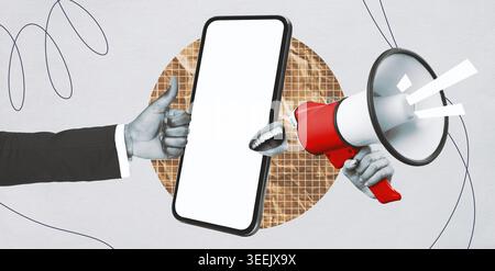 Collage che mostra smartphone e megafono per analizzare i concetti di comunicazione nella società moderna Foto Stock