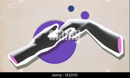 Collage di mani che si avvicinano per connettersi con le forme come concetto di analisi e interazione Foto Stock