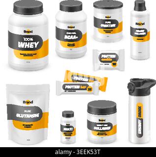 Nutrizione sportiva realistica. barattolo 3d proteine del siero di latte, bottiglia supplemento sport etichetta prodotto mockup in polvere contenitore in plastica palestra bevanda fitness shake bar set garish vettoriale illustrazione grafica originale Illustrazione Vettoriale