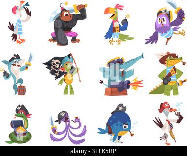 Animali pirati. Mascotte corsaro animato, cappello da capitano elefante divertente scimmia marinaio simpatico bambino pirati costume nave tesoro di mare avventura personaggi illustrazioni vettoriali di classe grafica originale Illustrazione Vettoriale