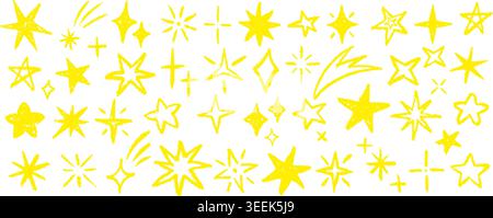 Stelle pastello. Scintillante stella disegnata a mano, scintillante lucentezza matita in gesso pastello texture disegno per bambini doodle carino, infantile, cielo scarabeo, elemento magico, illustrazione vettoriale qualitativa, grafica originale Illustrazione Vettoriale