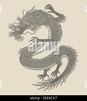 Antico drago giapponese, ispira il design per la tua azienda o per il tuo business. Illustrazione in stile disegno con incisione vintage Illustrazione Vettoriale