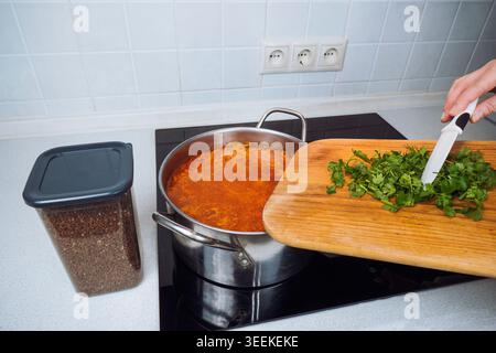 Una persona aggiunge le erbe fresche tritate da un tagliere di legno in una grande pentola di acciaio che cucina un'autentica zuppa di borscht Ucraina rossa su una stufa Foto Stock