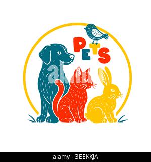 Logo preferito di un negozio di animali domestici o di una farmacia veterinaria. Disegnato a mano. Non ai, illustrazione vettoriale. Illustrazione Vettoriale