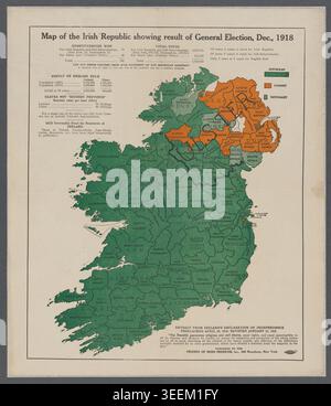 Illustrazione storica della Mappa della Repubblica irlandese che mostra i risultati delle elezioni generali del dicembre 1918, pubblicata a New York da Friends of Irish Freedom, Inc., illustrando le divisioni politiche nazionaliste, repubblicane e unioniste in tutta l'Irlanda durante il movimento indipendentista irlandese. Foto Stock