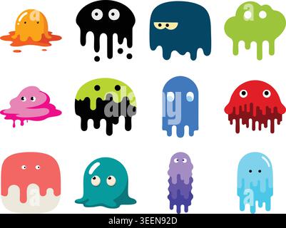 Un colorato set di illustrazioni piatte con vari simpatici mostri e personaggi che gocciolano in forme, colori ed espressioni diverse. Il Illustrazione Vettoriale