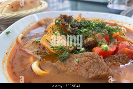 Zuppa di agnello Chorba, shurpa in ristorante arabo. Pasto kazako con carne, spezie, verdure e verdure in una ciotola bianca da vicino Foto Stock