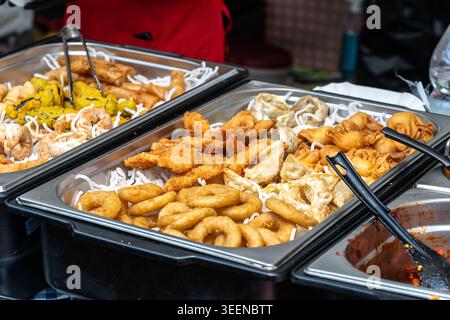 Gnocchi fritti, involtini primavera, anelli di cipolla in vassoi di metallo al mercato alimentare. Consistenze e sapori variegati, cucina di strada perfetta, che propone cucina asiatica Foto Stock