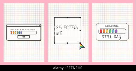 Set di banner verticali Pride Month con icone dell'interfaccia utente retro del computer sullo sfondo della griglia arcobaleno. modelli estetici di storia dei social media degli anni '90 con caricamento Illustrazione Vettoriale