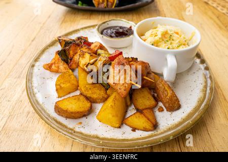 Pollo Shish Kebab, barbeque Shashlik, spiedini alla griglia con carne e verdura, frutta, peperoni, cipolle e ananas, servito con Coleslaw e. Foto Stock