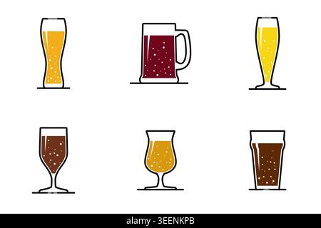 Vari bicchieri da birra illustrati poggiati su sfondo bianco. Illustrazione Vettoriale
