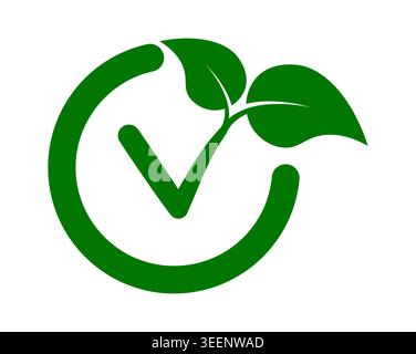 Icona Vegan and Vegetarian Approved with Leaf e segno di spunta per l'illustrazione Eco-friendly Design Vector Illustrazione Vettoriale