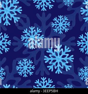 Motivo di sfondo senza cuciture con fiocchi di neve stravaganti disegnati a mano in tonalità blu brillanti. Creato con matite colorate. La composizione include VIBRANT Foto Stock