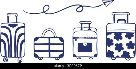 Set di valigie per viaggi e avventure, stile doodle Illustrazione Vettoriale