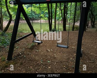 Altalene vuote in legno su un parco giochi in una foresta verde che si affaccia su un tranquillo lago sullo sfondo. Foto Stock
