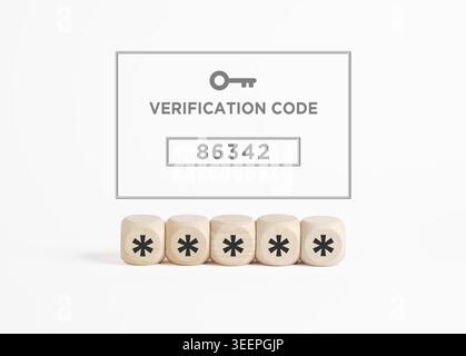 Codice di verifica e simbolo della chiave visualizzati sopra i blocchi di legno con asterischi, che rappresentano la sicurezza online e la protezione dei dati Foto Stock