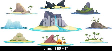 Isole marine meridionali e settentrionali. Paesaggio naturale con palme e cascate. Spiaggia di sabbia. Iceberg polare. Costa oceanica disabitata. Estate Illustrazione Vettoriale
