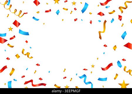 Coriandoli colorati e nastri arricciati formano una cornice festosa con stelle dorate, perfetta per feste, compleanni, anniversari e congratulazioni Illustrazione Vettoriale