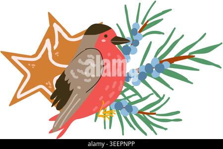 Composizione cartoni animati natalizi con biscotti di natale, bullfinch di uccelli invernali e ginepro . Clipart natalizio per le decorazioni. Immagine piatta vettoriale Illustrazione Vettoriale