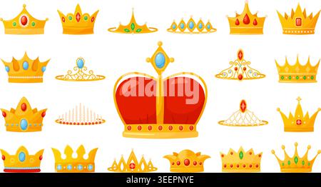 Corone dorate in stile cartoni animati. Corone reali con pietre preziose. Motivi monarchici. Headpieces Royal. Cappello dorato gioiello del re. Copricapo per gioielli. Coronazione Illustrazione Vettoriale