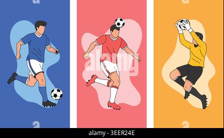 I giocatori di calcio attivi in movimento dinamico pongono calci corsa e cattura palla vettoriale pacchetto illustrativo Illustrazione Vettoriale