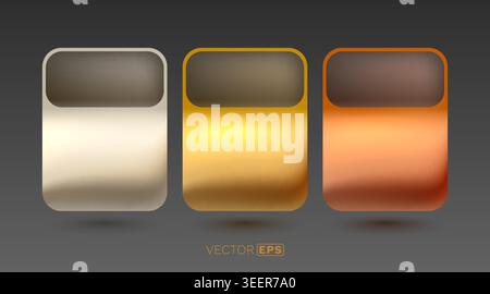 Tre eleganti etichette metallizzate sfumate in argento, oro e bronzo, con una moderna finitura lucida per striscioni o UI. Illustrazione vettoriale. Illustrazione Vettoriale